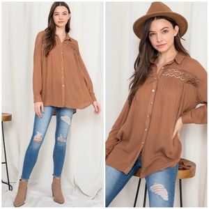 Boho Chic Camel Crochet Detail Oversized Tunic Top